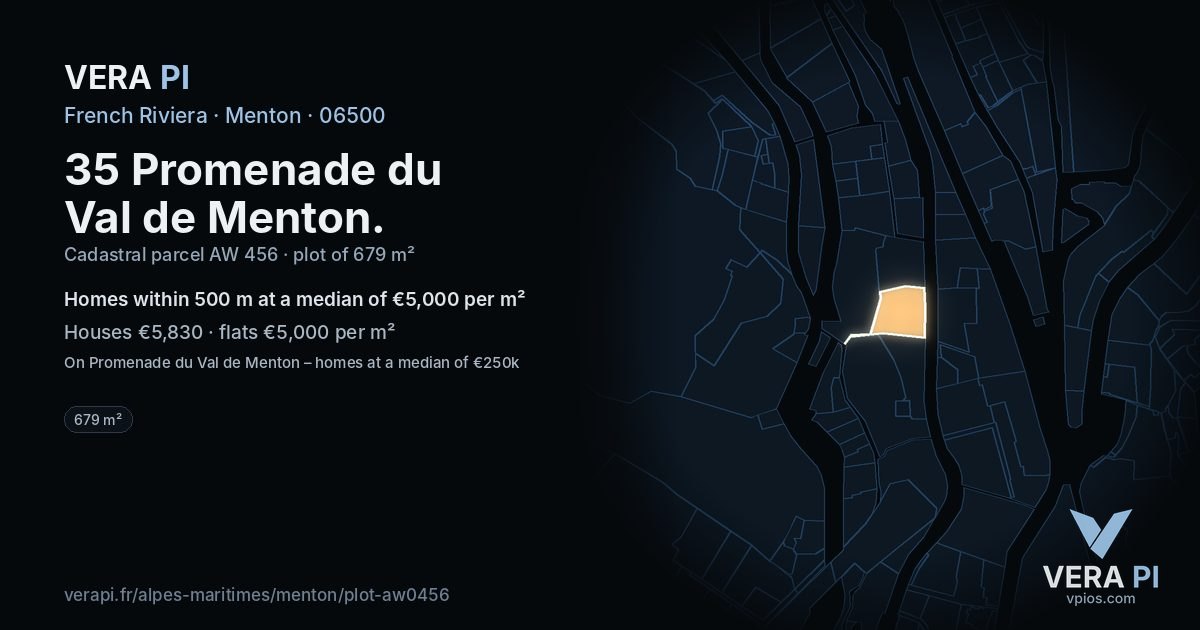 35 Promenade du Val de Menton, Menton at night – the plot lit, the parcels around coloured by the prices near them