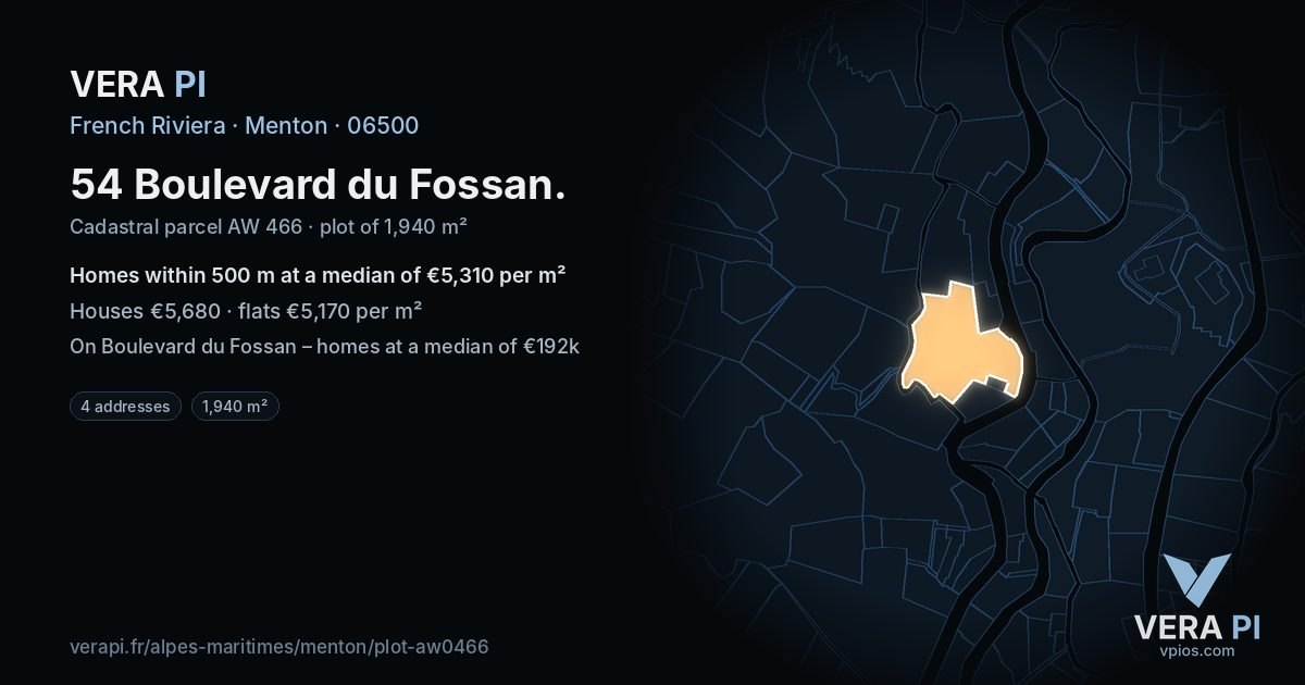 54 Boulevard du Fossan, Menton at night – the plot lit, the parcels around coloured by the prices near them