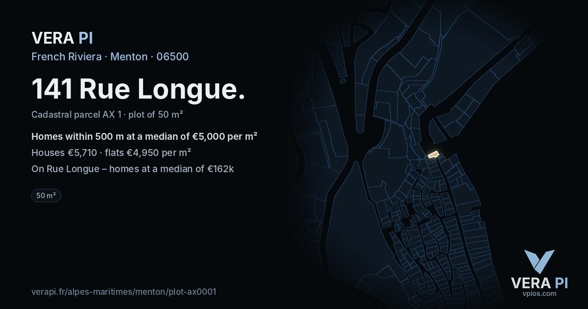 141 Rue Longue, Menton at night – the plot lit, the parcels around coloured by the prices near them