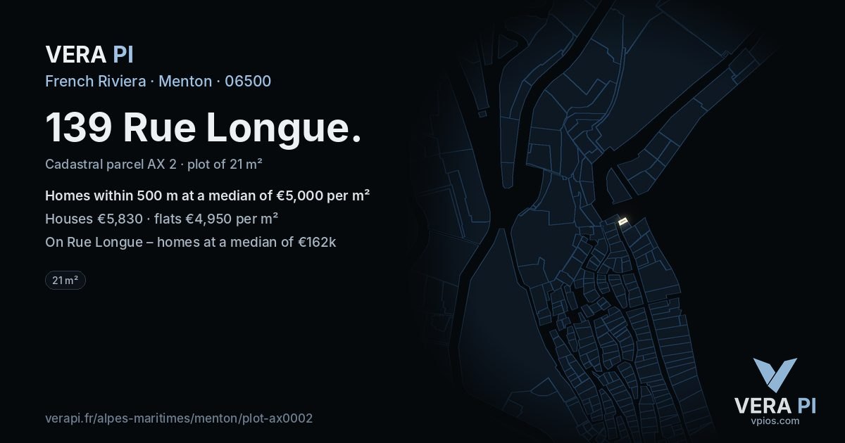 139 Rue Longue, Menton at night – the plot lit, the parcels around coloured by the prices near them