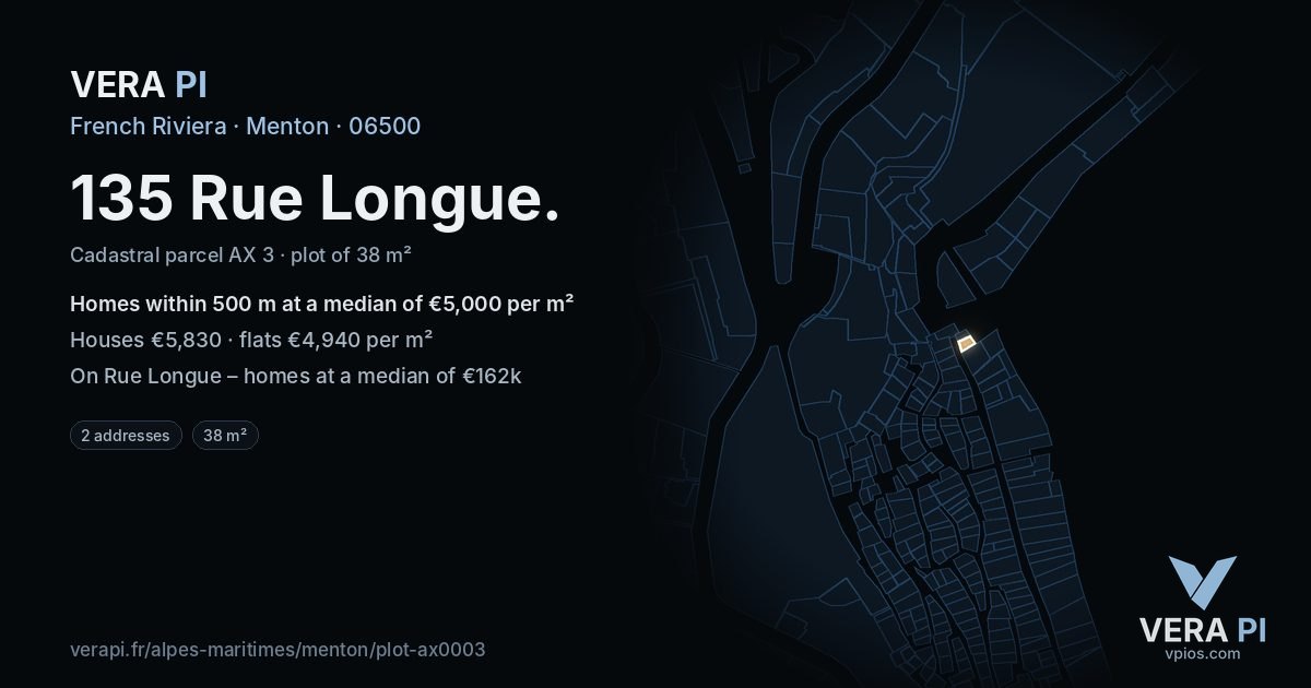 135 Rue Longue, Menton at night – the plot lit, the parcels around coloured by the prices near them