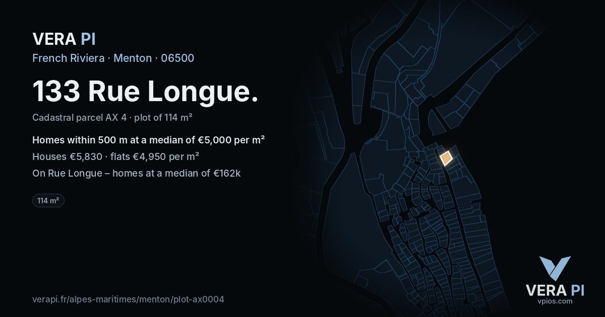 133 Rue Longue, Menton at night – the plot lit, the parcels around coloured by the prices near them