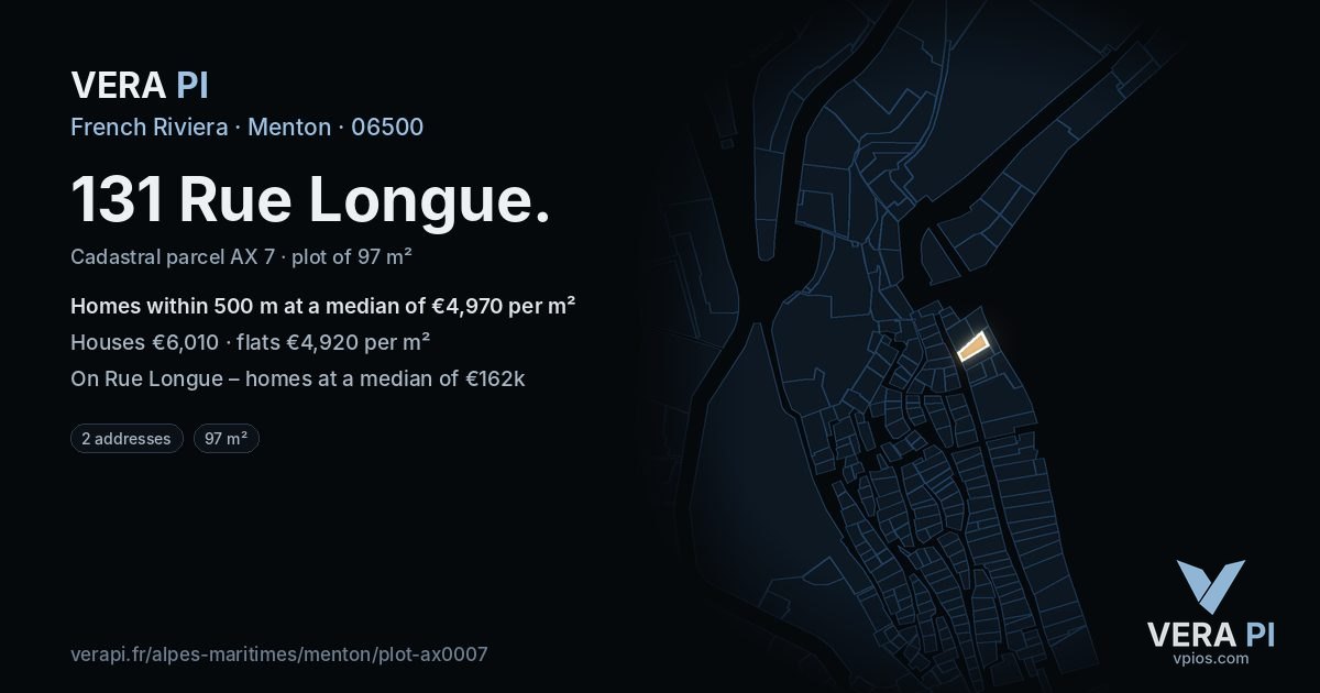 131 Rue Longue, Menton at night – the plot lit, the parcels around coloured by the prices near them