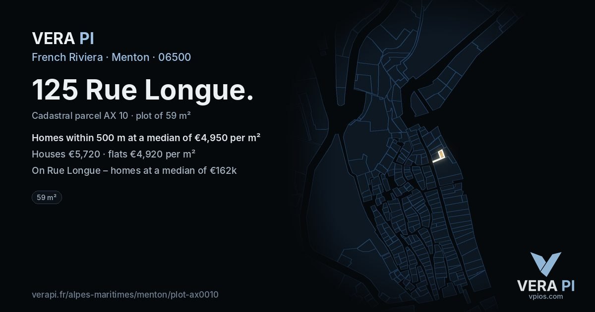 125 Rue Longue, Menton at night – the plot lit, the parcels around coloured by the prices near them