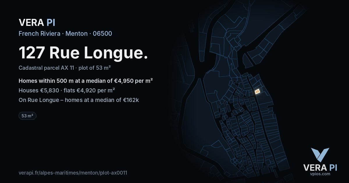 127 Rue Longue, Menton at night – the plot lit, the parcels around coloured by the prices near them