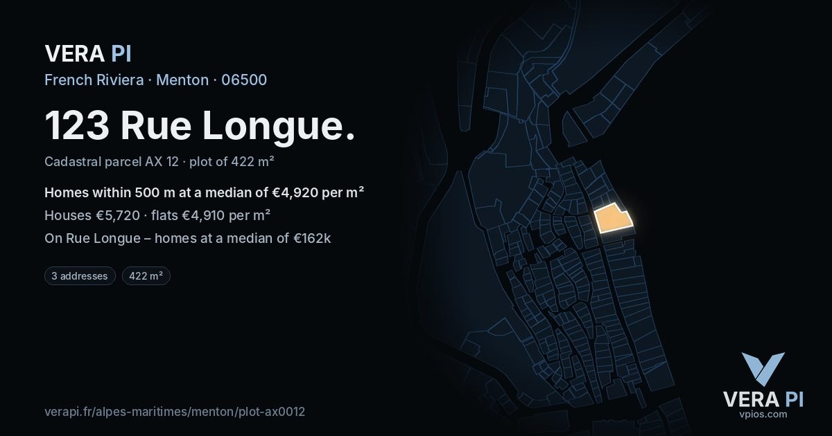 123 Rue Longue, Menton at night – the plot lit, the parcels around coloured by the prices near them