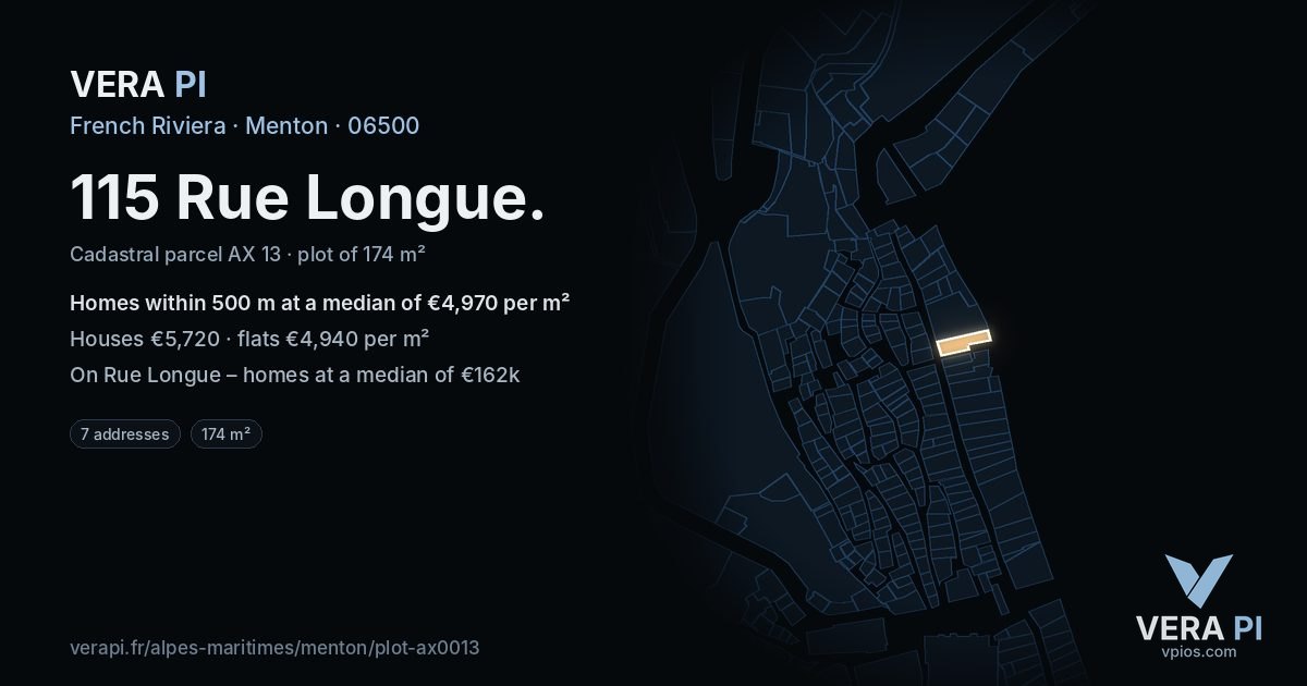 115 Rue Longue, Menton at night – the plot lit, the parcels around coloured by the prices near them