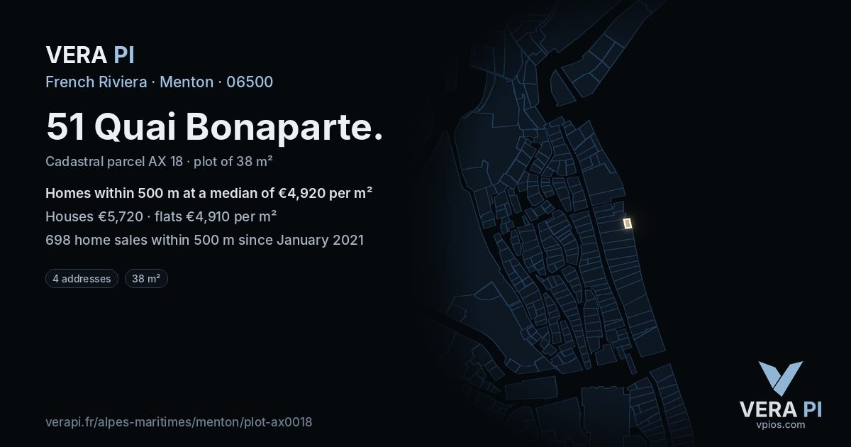 51 Quai Bonaparte, Menton at night – the plot lit, the parcels around coloured by the prices near them