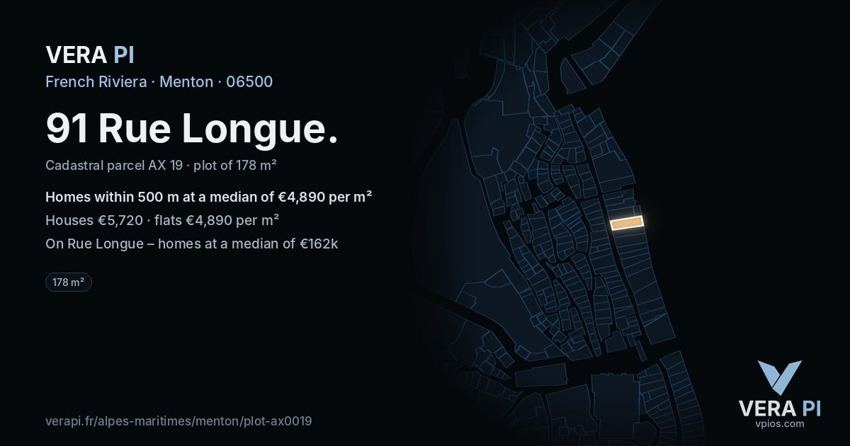 91 Rue Longue, Menton at night – the plot lit, the parcels around coloured by the prices near them