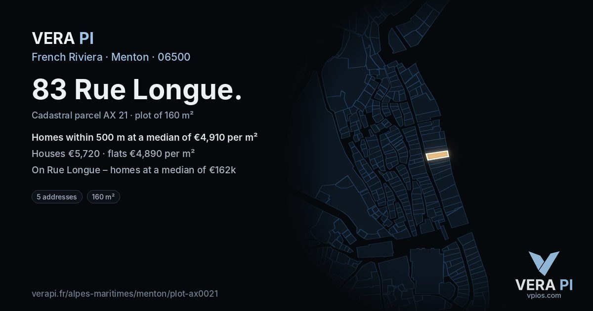 83 Rue Longue, Menton at night – the plot lit, the parcels around coloured by the prices near them