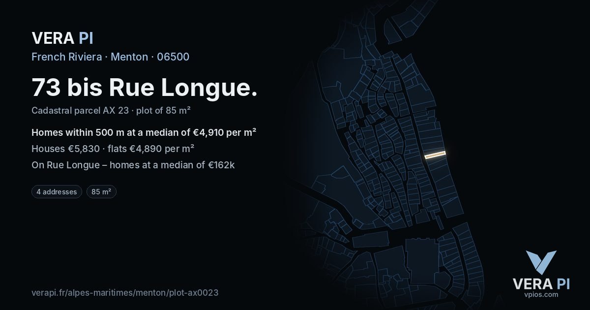 73 bis Rue Longue, Menton at night – the plot lit, the parcels around coloured by the prices near them