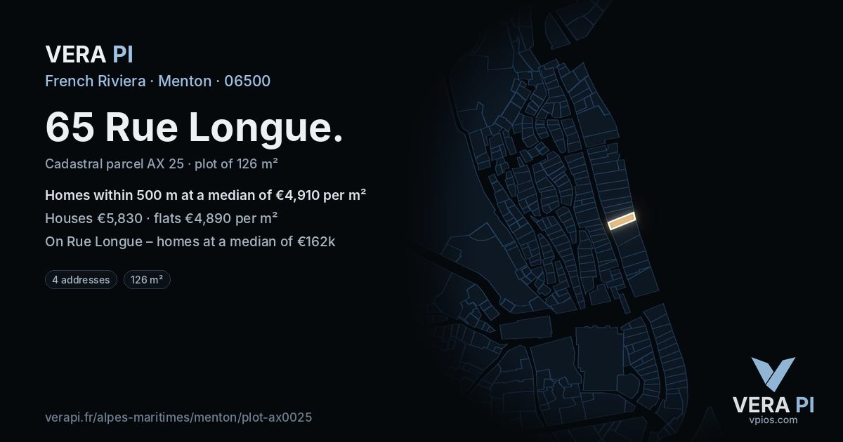 65 Rue Longue, Menton at night – the plot lit, the parcels around coloured by the prices near them