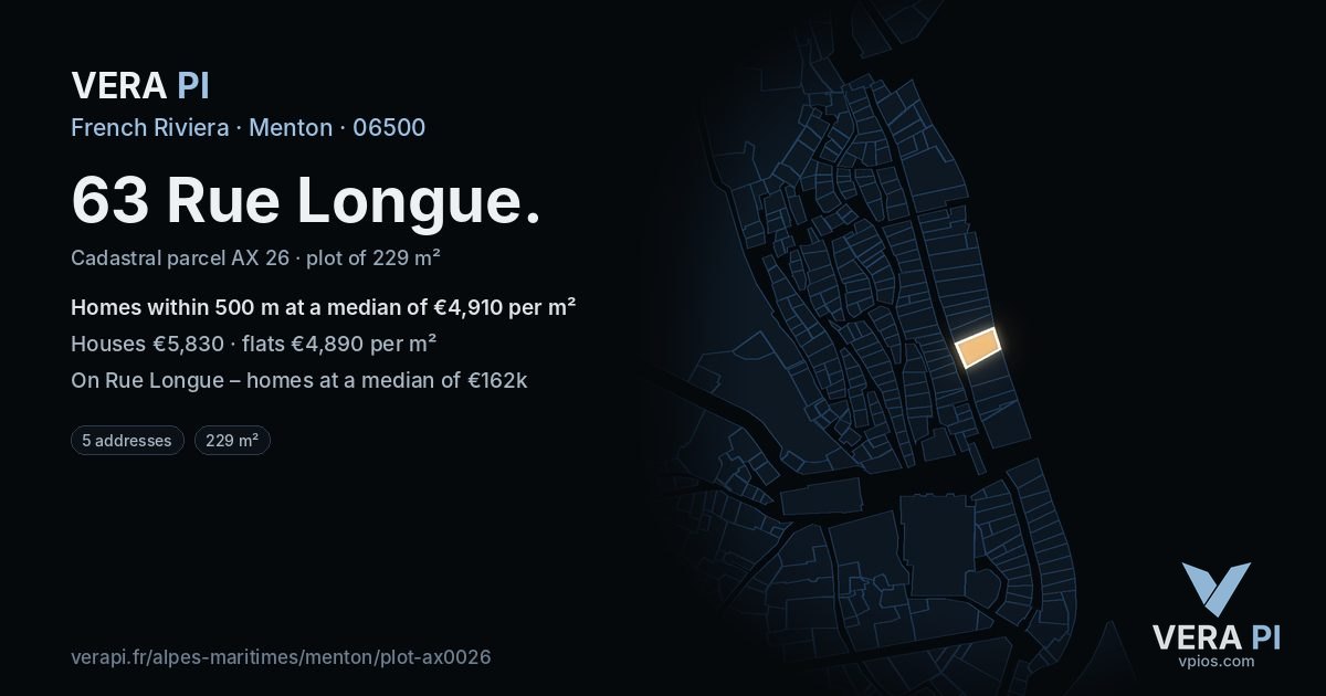 63 Rue Longue, Menton at night – the plot lit, the parcels around coloured by the prices near them