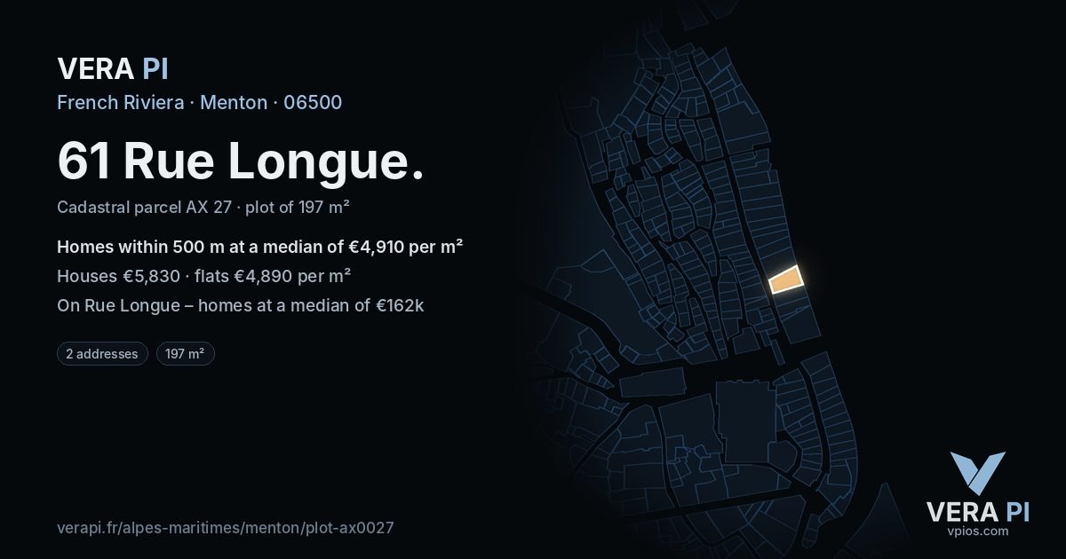 61 Rue Longue, Menton at night – the plot lit, the parcels around coloured by the prices near them