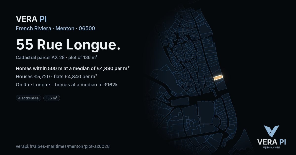 55 Rue Longue, Menton at night – the plot lit, the parcels around coloured by the prices near them