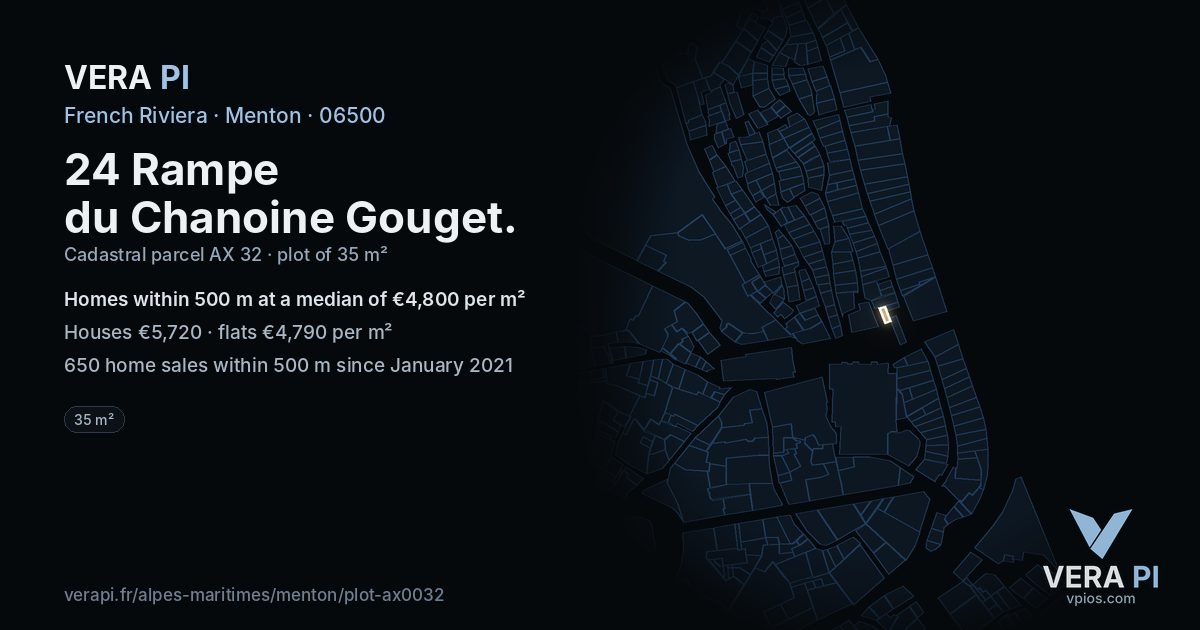 24 Rampe du Chanoine Gouget, Menton at night – the plot lit, the parcels around coloured by the prices near them