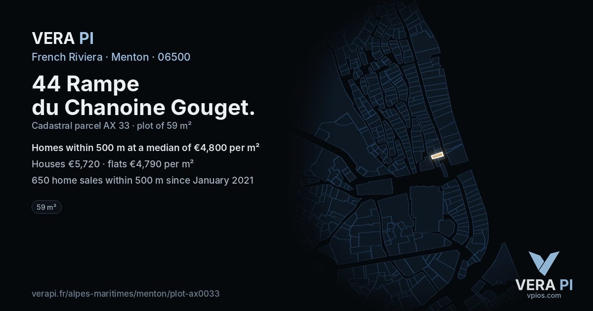 44 Rampe du Chanoine Gouget, Menton at night – the plot lit, the parcels around coloured by the prices near them