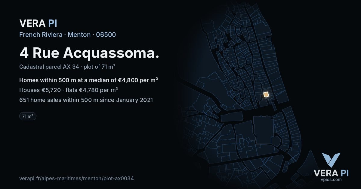 4 Rue Acquassoma, Menton at night – the plot lit, the parcels around coloured by the prices near them