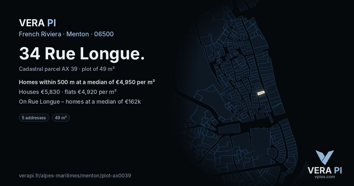 34 Rue Longue, Menton at night – the plot lit, the parcels around coloured by the prices near them
