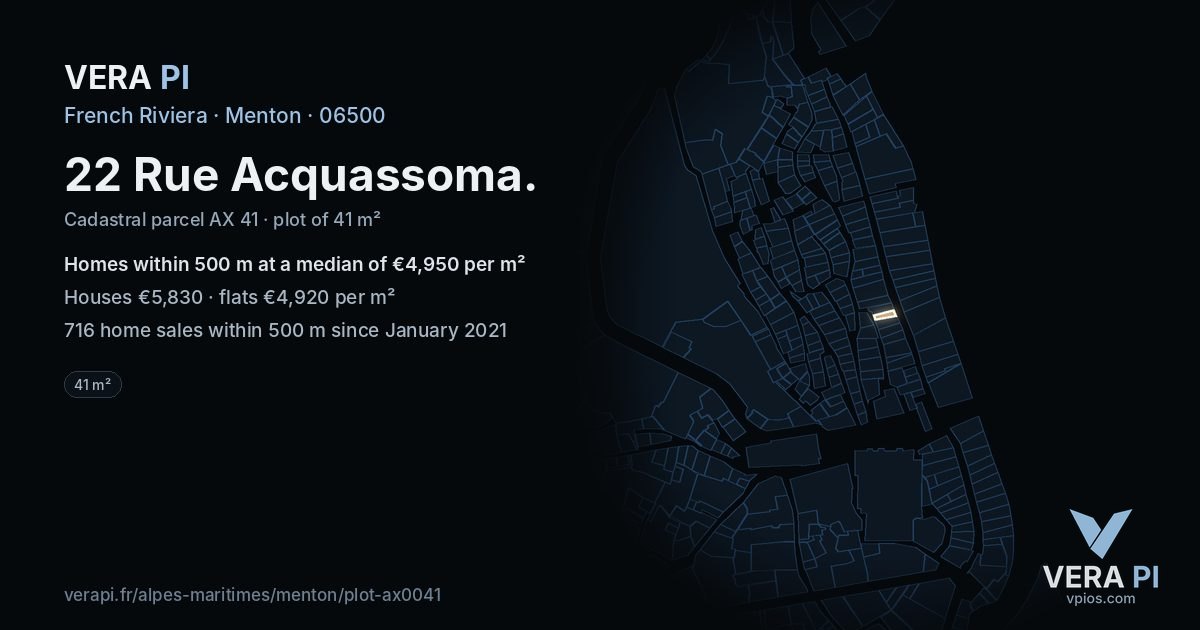 22 Rue Acquassoma, Menton at night – the plot lit, the parcels around coloured by the prices near them