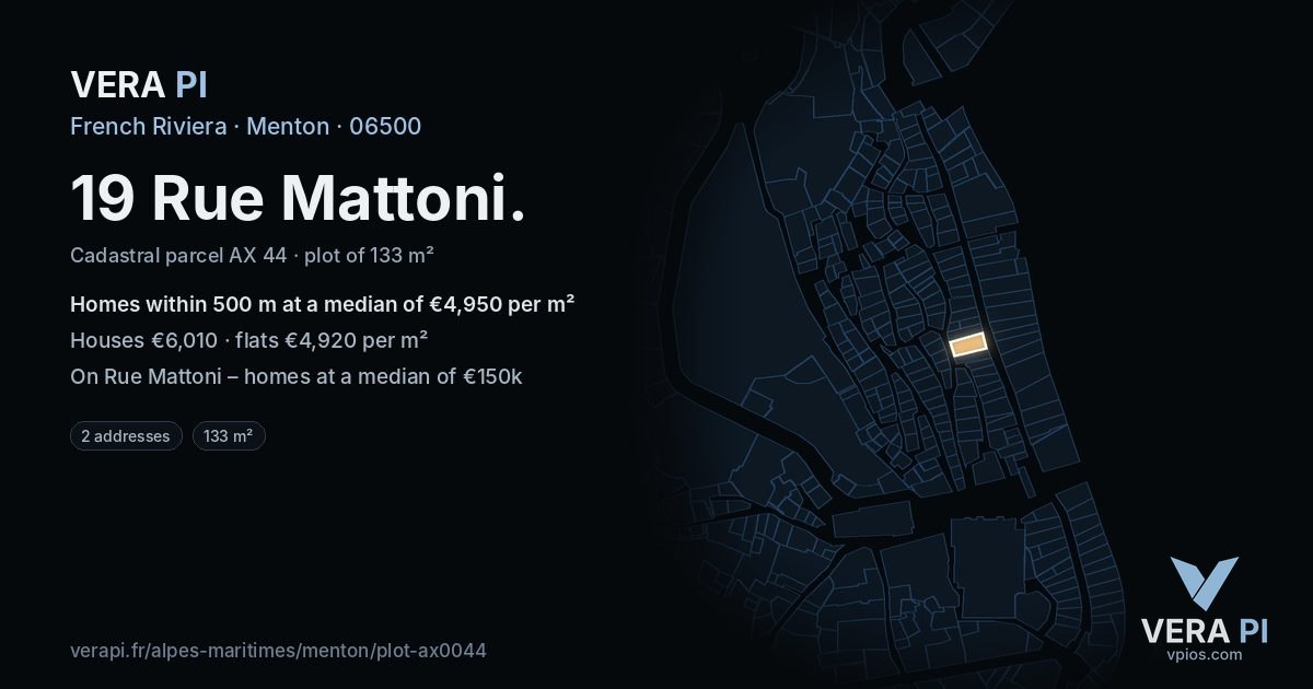19 Rue Mattoni, Menton at night – the plot lit, the parcels around coloured by the prices near them