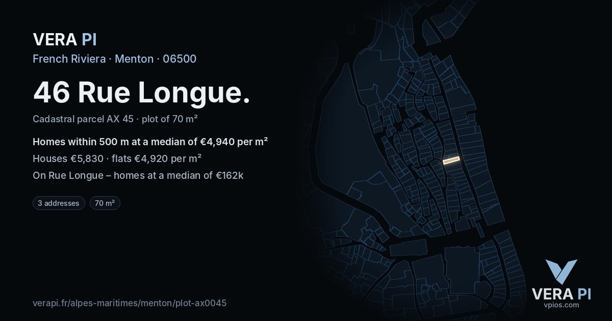 46 Rue Longue, Menton at night – the plot lit, the parcels around coloured by the prices near them