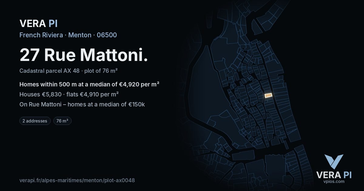 27 Rue Mattoni, Menton at night – the plot lit, the parcels around coloured by the prices near them