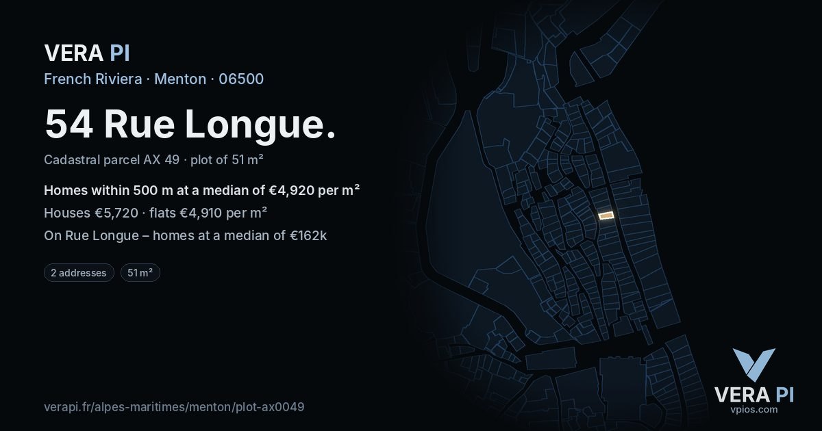 54 Rue Longue, Menton at night – the plot lit, the parcels around coloured by the prices near them