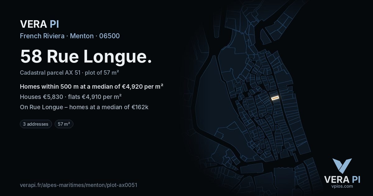 58 Rue Longue, Menton at night – the plot lit, the parcels around coloured by the prices near them