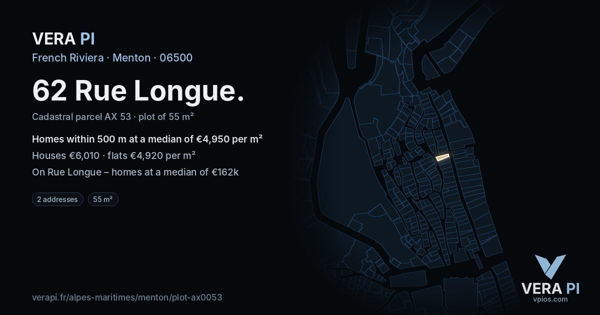 62 Rue Longue, Menton at night – the plot lit, the parcels around coloured by the prices near them