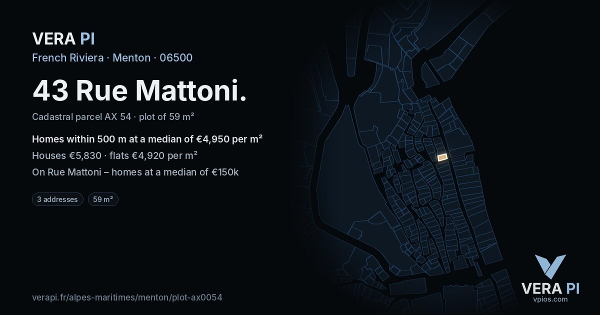 43 Rue Mattoni, Menton at night – the plot lit, the parcels around coloured by the prices near them