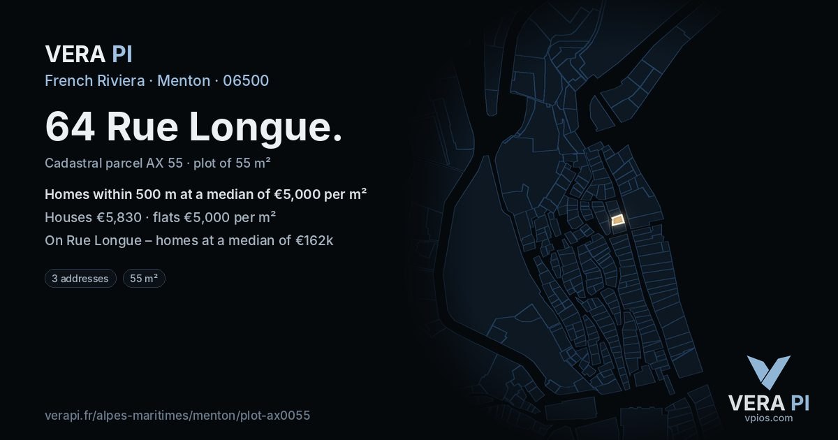 64 Rue Longue, Menton at night – the plot lit, the parcels around coloured by the prices near them