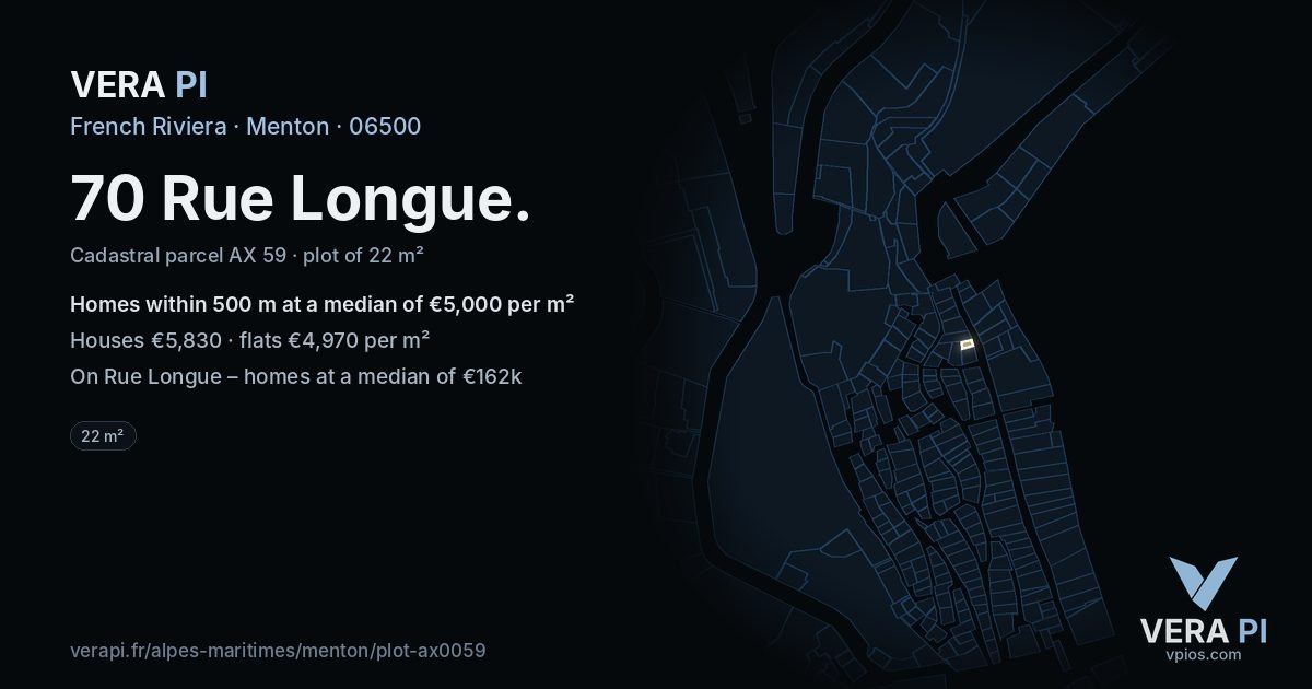 70 Rue Longue, Menton at night – the plot lit, the parcels around coloured by the prices near them