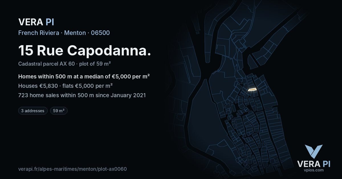 15 Rue Capodanna, Menton at night – the plot lit, the parcels around coloured by the prices near them