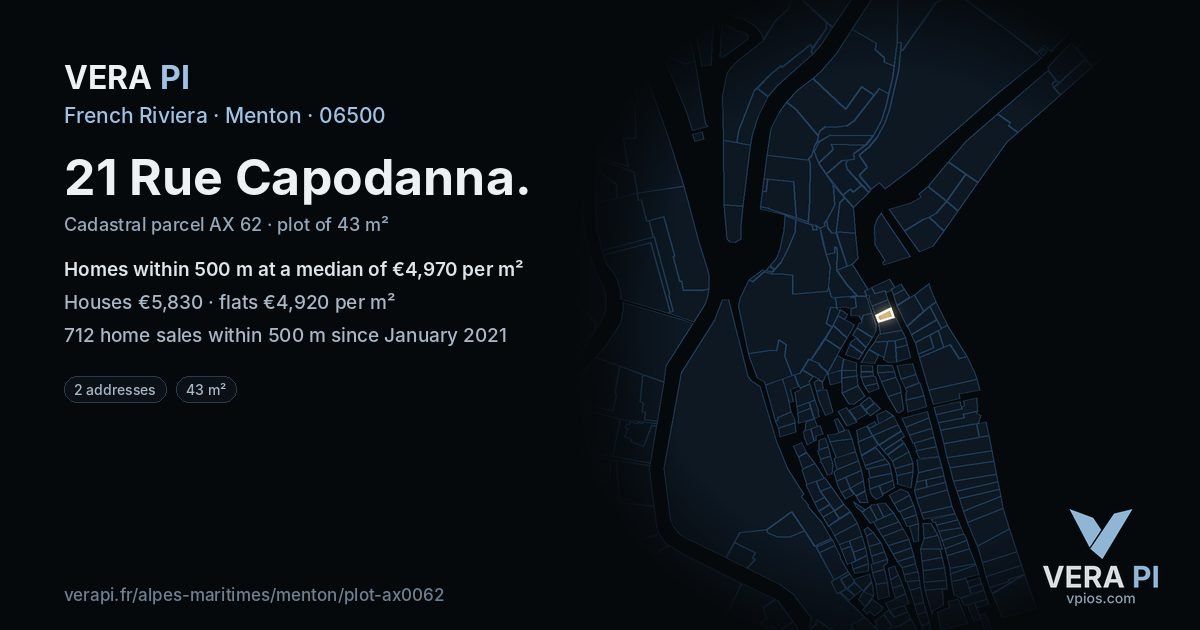 21 Rue Capodanna, Menton at night – the plot lit, the parcels around coloured by the prices near them