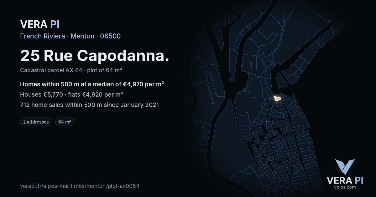 25 Rue Capodanna, Menton at night – the plot lit, the parcels around coloured by the prices near them