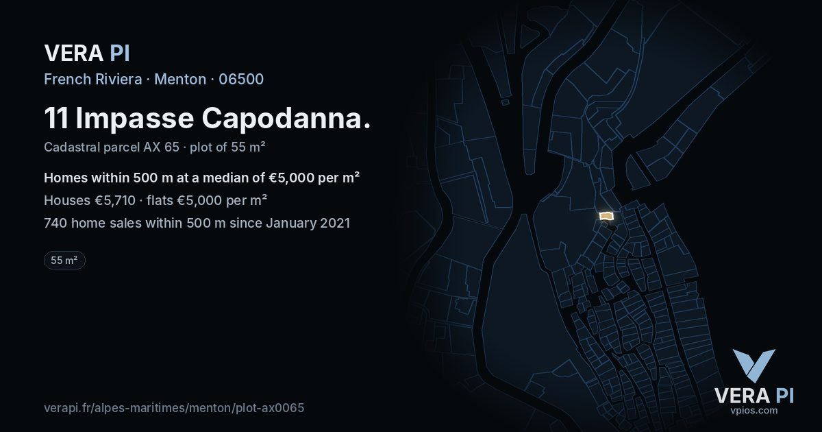 11 Impasse Capodanna, Menton at night – the plot lit, the parcels around coloured by the prices near them