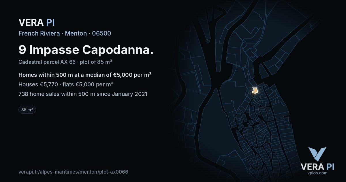 9 Impasse Capodanna, Menton at night – the plot lit, the parcels around coloured by the prices near them