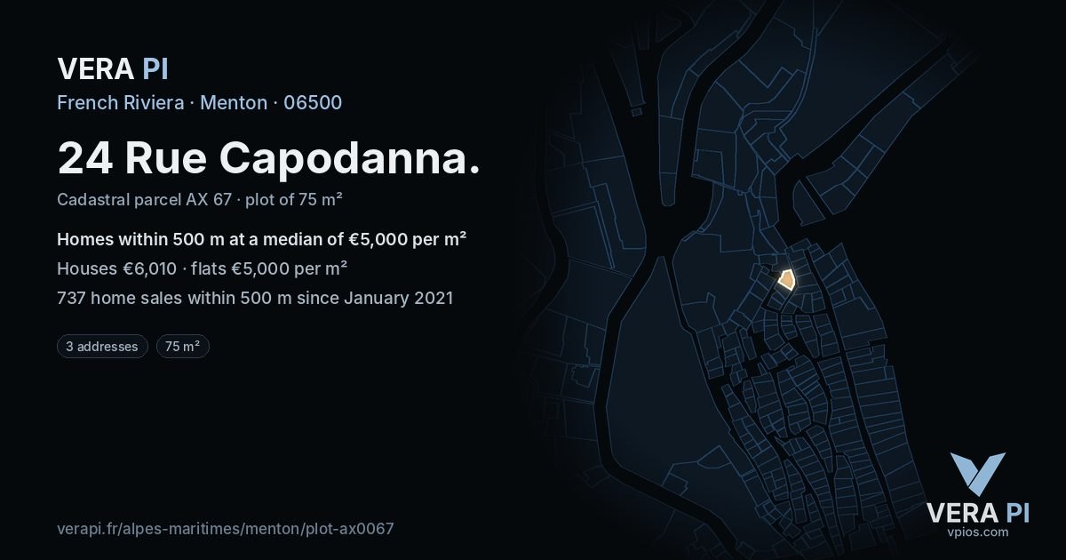 24 Rue Capodanna, Menton at night – the plot lit, the parcels around coloured by the prices near them