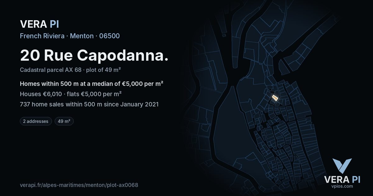 20 Rue Capodanna, Menton at night – the plot lit, the parcels around coloured by the prices near them