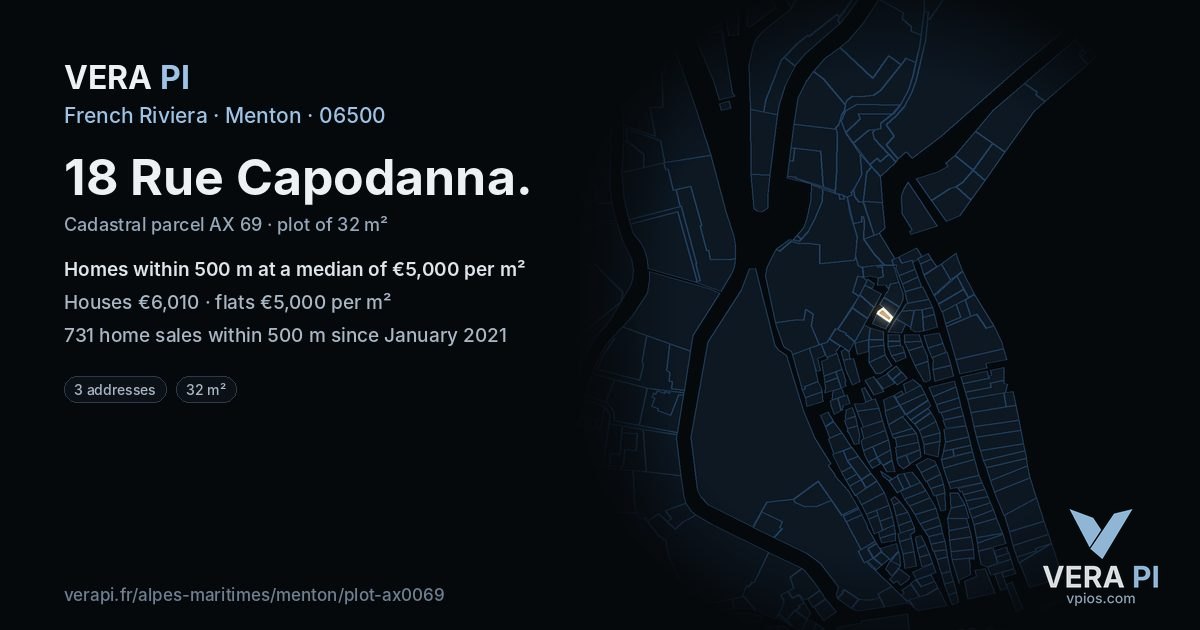 18 Rue Capodanna, Menton at night – the plot lit, the parcels around coloured by the prices near them
