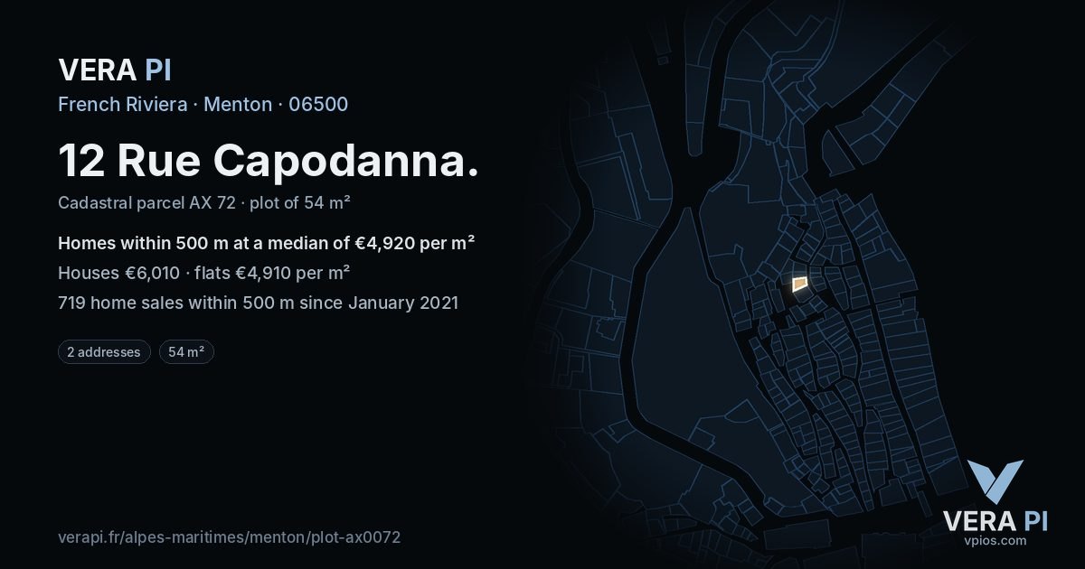 12 Rue Capodanna, Menton at night – the plot lit, the parcels around coloured by the prices near them