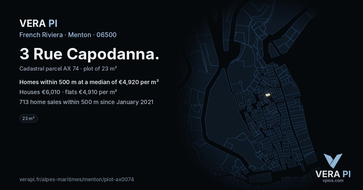 3 Rue Capodanna, Menton at night – the plot lit, the parcels around coloured by the prices near them