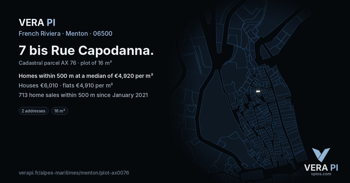 7 bis Rue Capodanna, Menton at night – the plot lit, the parcels around coloured by the prices near them