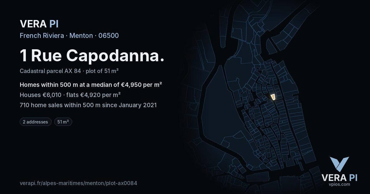 1 Rue Capodanna, Menton at night – the plot lit, the parcels around coloured by the prices near them