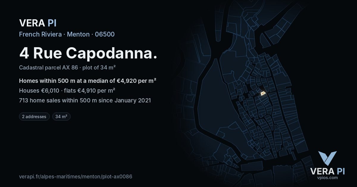 4 Rue Capodanna, Menton at night – the plot lit, the parcels around coloured by the prices near them