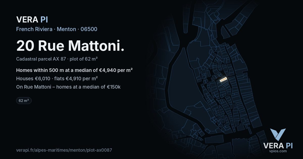 20 Rue Mattoni, Menton at night – the plot lit, the parcels around coloured by the prices near them