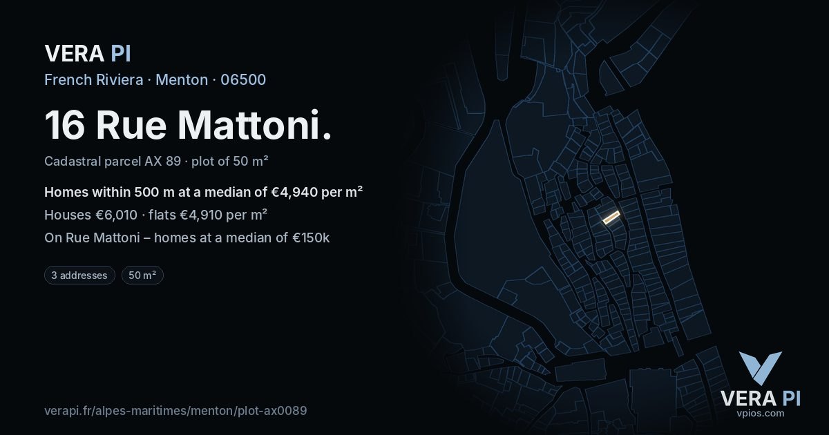 16 Rue Mattoni, Menton at night – the plot lit, the parcels around coloured by the prices near them
