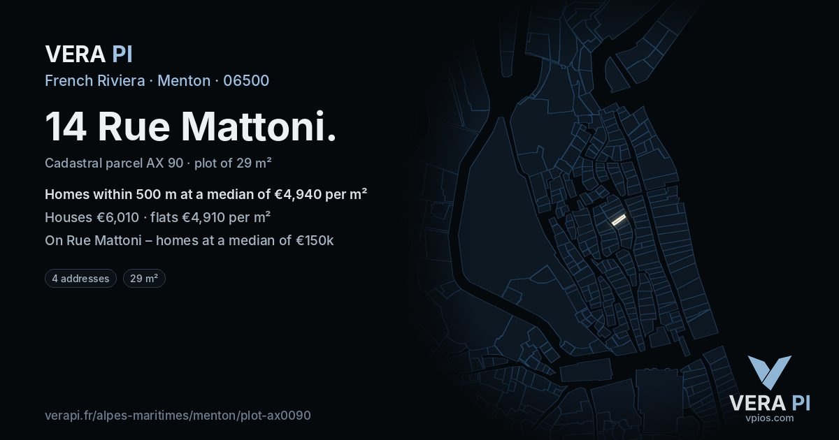14 Rue Mattoni, Menton at night – the plot lit, the parcels around coloured by the prices near them