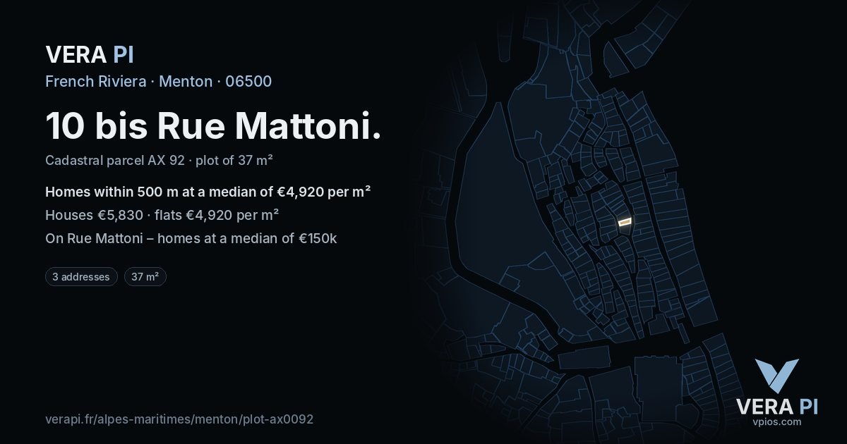 10 bis Rue Mattoni, Menton at night – the plot lit, the parcels around coloured by the prices near them